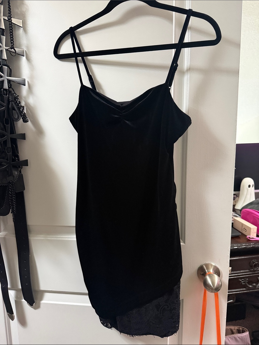 Forever 21 Black Velvet One-Shoulder Slip Dress with Lace Trim